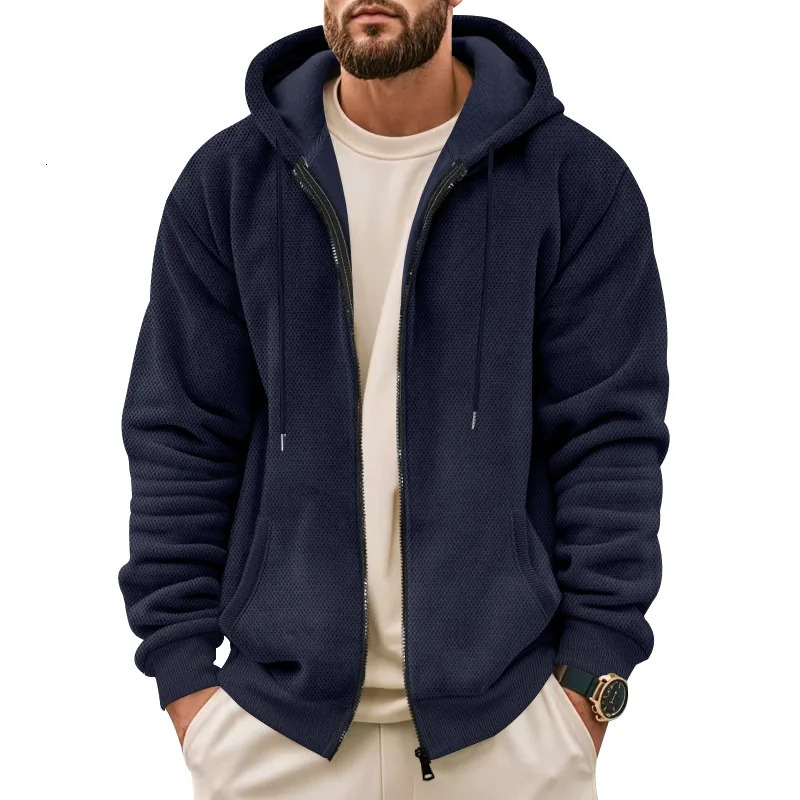Mens Sweater Coat Fall Winter Composite Velvet Zipper Cardigan Casual Hooded Sweatshirt Fashion Clothing 251015