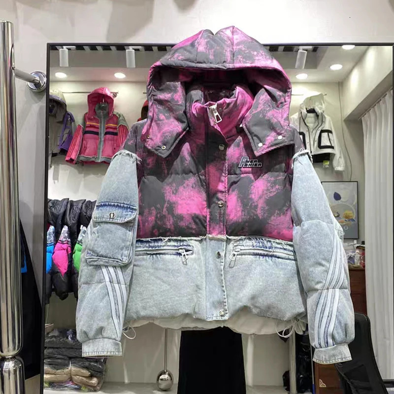 Winter Short Denim Spliced Removable Hooded Down Jacket Women White Duck Patchwork Jackets Female Thick Warm Parka Outwears 251017