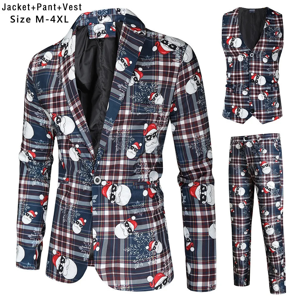 Suit for Men Christmas Day Party Prom Slim Fit 3 Pieces BlazerVestTrousersXmas Tree Print Dress Up Male christmas Suits Sets 251016