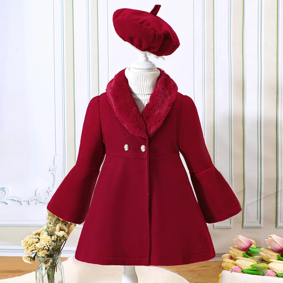 Girls Winter Solid Color Fashion Long Flare Sleeves Versatile Warm Polo Collar Coat with Spliced Fleece Collar Coat 251015