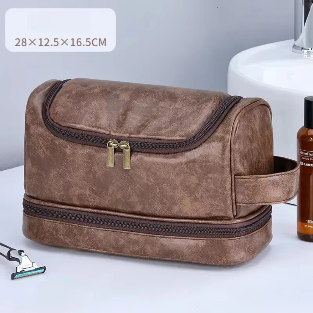 Large Hanging Toiletry Cosmetic Travel Bags for Men Women Leather Travel Bags with Hanging Hook Toiletries Bathroom Shaving Bags 251011