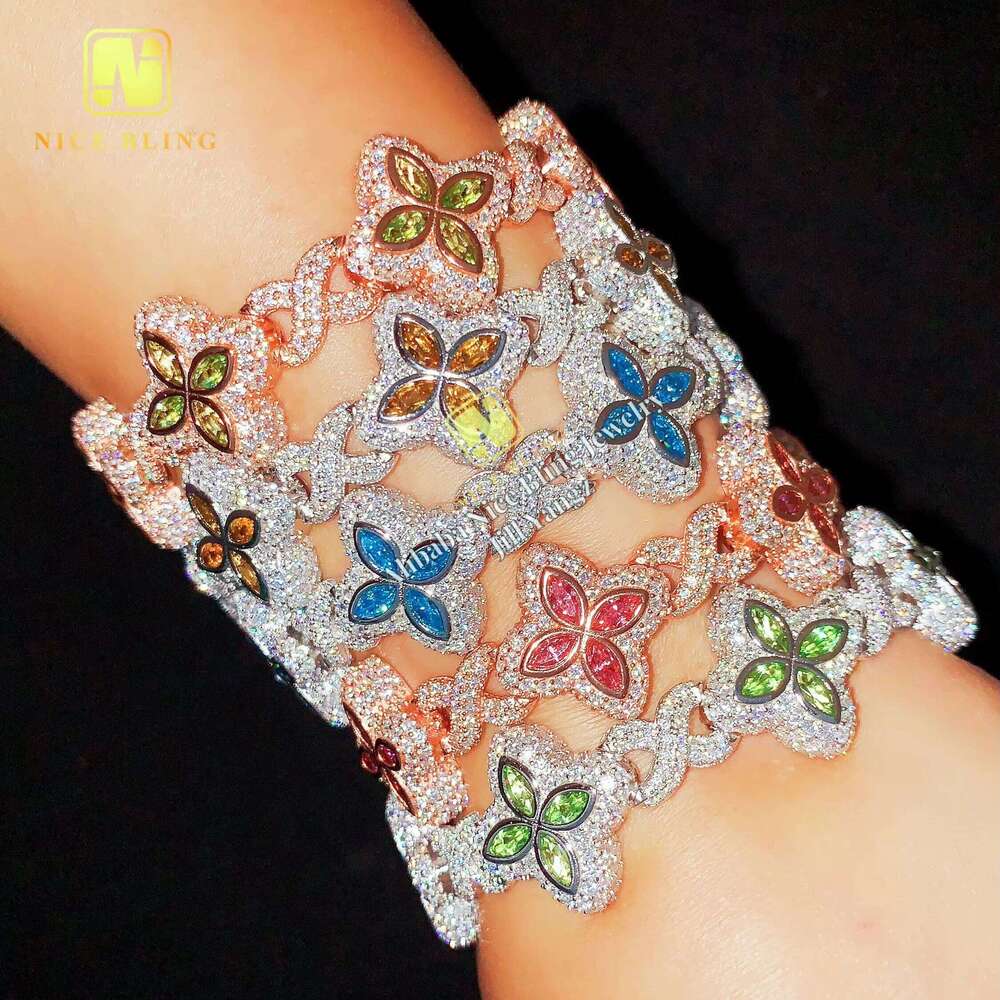 12 Options Colorful Flower Bracelet Ready Stock Hip Hop Fancy Dia Cuban Link Chain Moissanite Sier