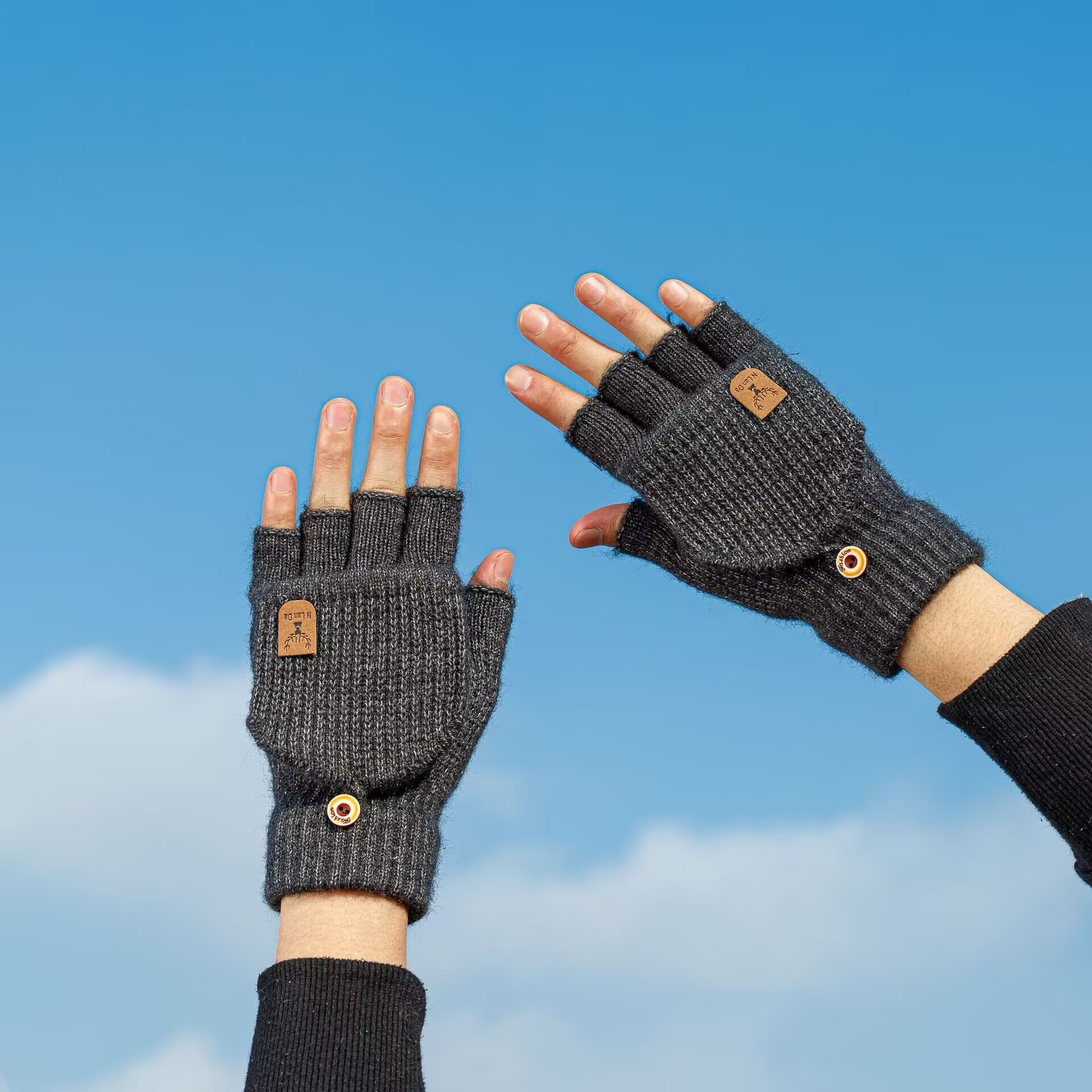 Warm Winter Knitted Gloves for Riding, Outdoor, Finger-separated, Flip Cover, Unisex, Fleece-lined, Thickened, Protective
