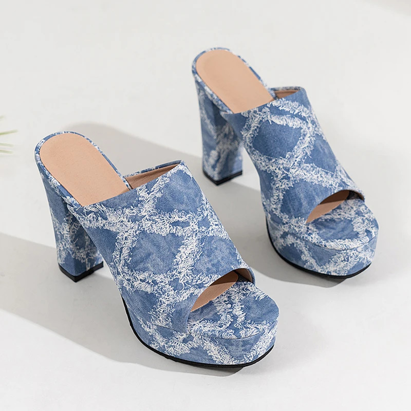 Super High Heel Slippers Summer Round Toe Open Toe Platform Denim NonSlip WearResistant Temperament High Heels 251017