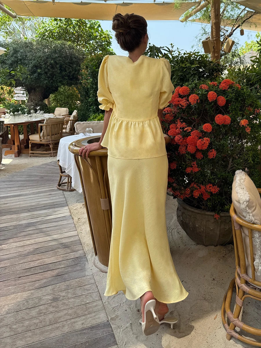 Bornladies Summer Womens 100 Cotton VNeck LaceUp Bubble Sleeve Shirt Long Skirt Set Loose Casual TwoPiece Suit 251014