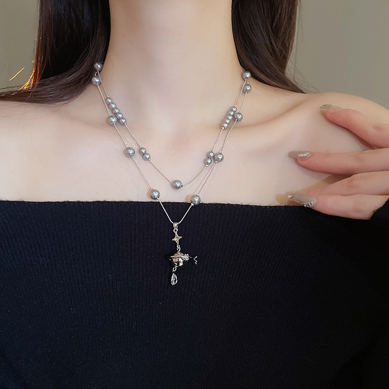 Inlaid Dia Saturn Water Drop Pearl Necklace French Light High-end Sweater Chain Autumn Winter Versatile Simple Jewelry Accessories