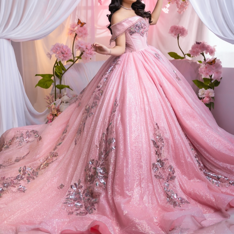 Pink Shiny Quinceanera Dresses Off The Shoulder Sequin Applique Lace Beading Tull Party Birthday Sweet 16 Dres Vestidos 15 De Anos