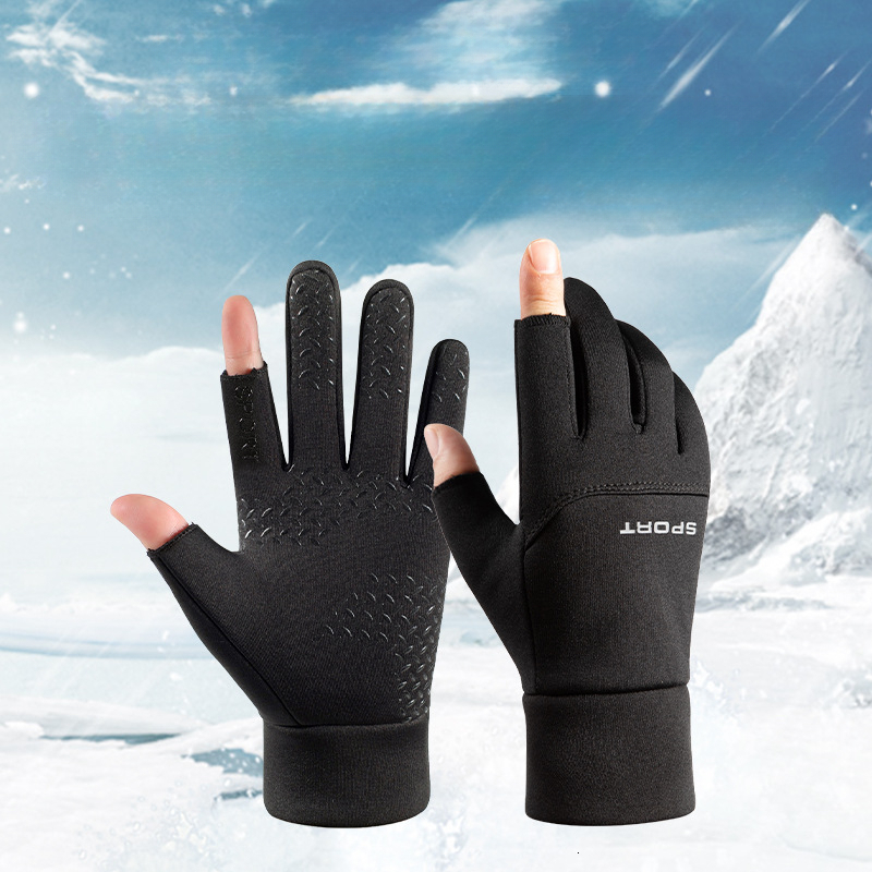 Two-Finger Men Winter Students Writing Fleece-Lined Warm Touch Screen Gloves Outdoor Riding Driving