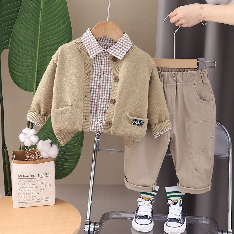 Boys' Spring Set 2025 New Fashionable Children's Standard Long Sleeve Sweater Coat Baby Casual 3-Piece Set Free Shipping Designer