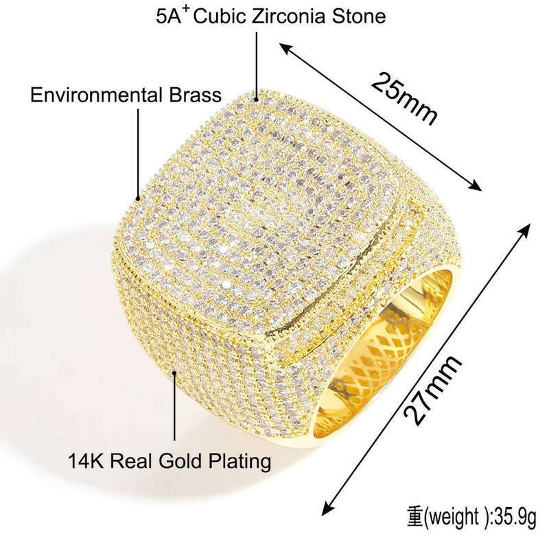Men's Full Square with Micro Set 5A Moissanite Ring Hip-Hop Singer Ring Fashion Jewelry