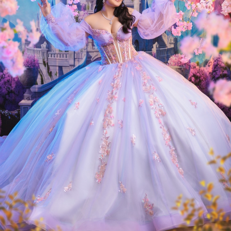 Light Lavender Shiny Quinceanera Dresses Off The Shoulder Applique Lace Beads Tull Puff Sleeve Party Birthday Sweet 16 Dres Vestidos 15 De Anos