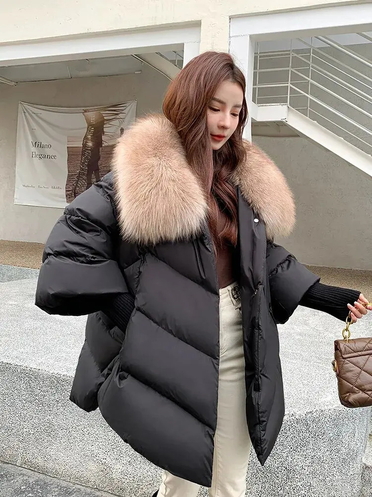 Female Loose Outerwear Fashion Down Jacket Overcoat Women Winter Coat 90 White Duck With Big Woolen Collar 251017