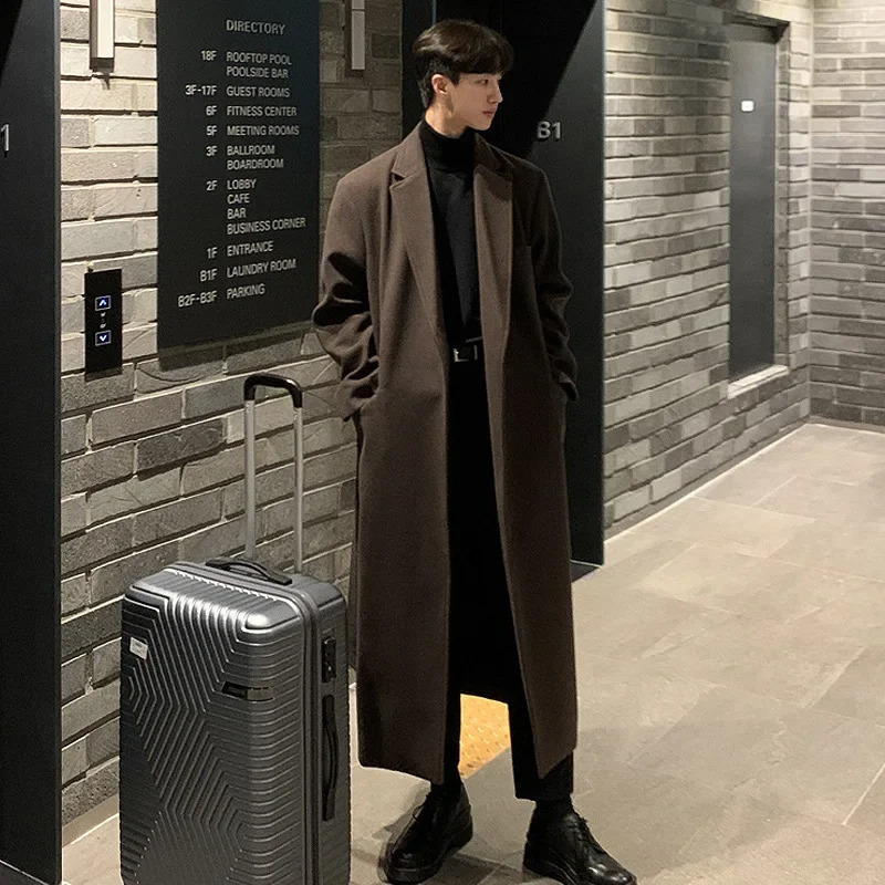 Mens Autumn and Winter Fashion Long Wool Woollen Coat Korean Version of Solid Color Loose Casual Tweed Trench with Belt 251017