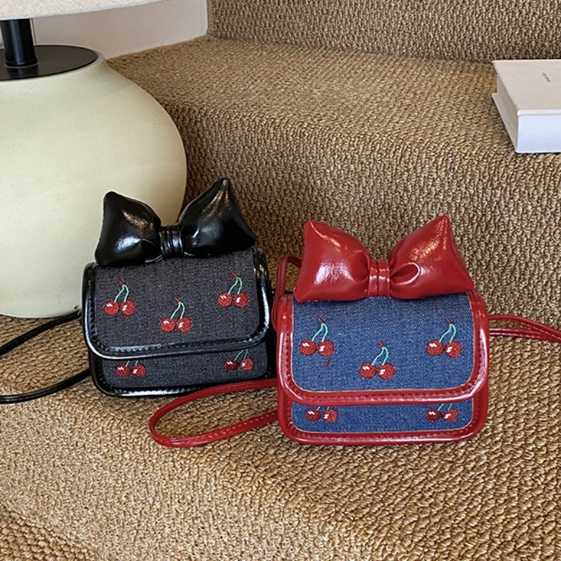 Luxury Brand Designer Bag New Cute Girly Style Bow Mini Square Bag Fashionable Denim Children's Cherry Exquisite Crossbody Bag