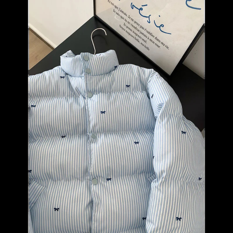 Short Bow Womens Jacket Blue Stripes Unique Bread Jacket with Cotton Jacket 251009