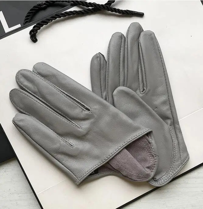 Womens natural sheepskin leather solid white color half palm gloves female genuine leather fashion short driving glove R1169 251015