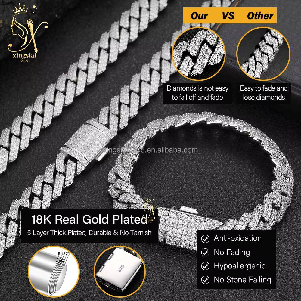 Hip Hop Style Jewelry 925 Silver 18K Gold Plated Mens Baguette Cuban Necklace 12mm Iced Out Diamond Moissanite Cuban Link Chain