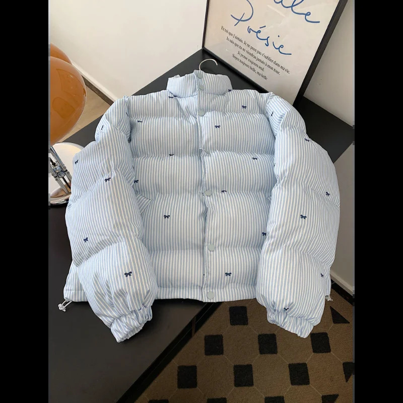Short Bow Womens Jacket Blue Stripes Unique Bread Jacket with Cotton Jacket 251009