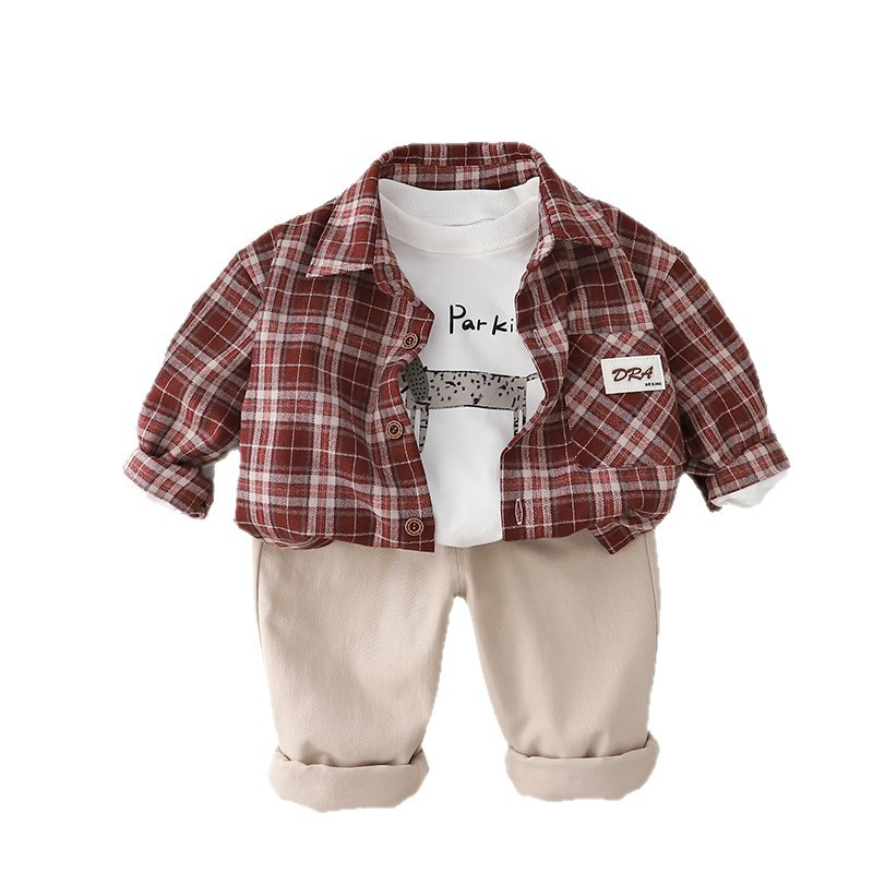 Boys' Spring and Autumn 2025 Autumn Edition Korean Edition Children's Fashionable Label Plaid Shirt 3-Piece Set Trendy