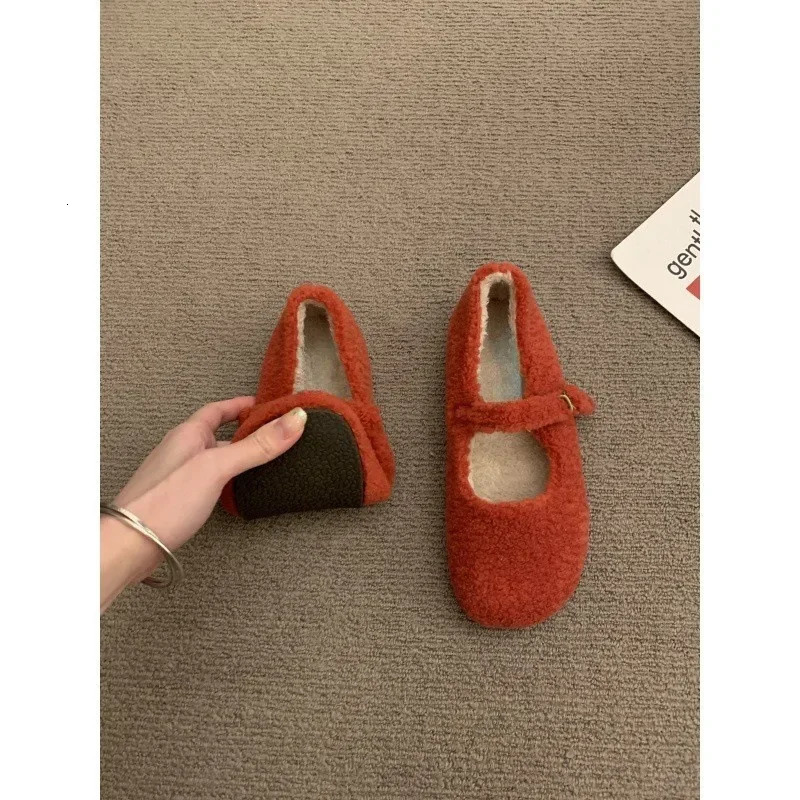 Fashion Round Toe Wool Ballet Flats Woman Concise Warm Plush Loafers Ladies Fluffy Mary Jane Shoes In Red Grey 251017
