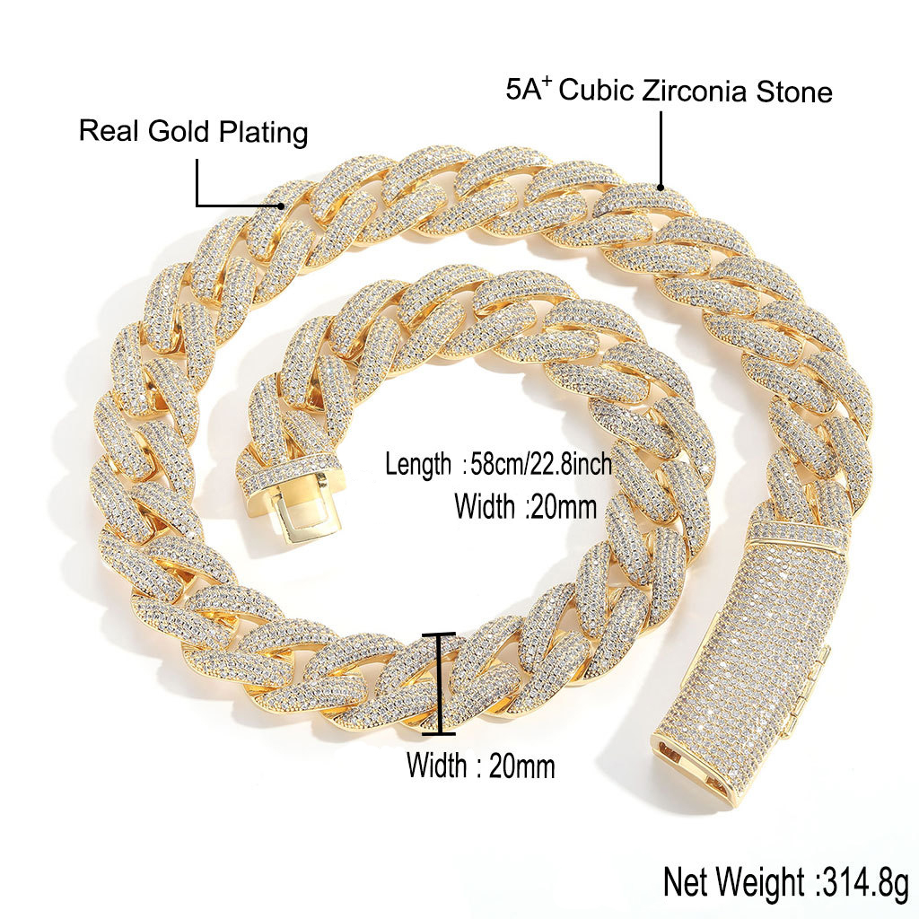 20mm Hip Hop Miami Cuban Link Chain Mens Necklace Bracelets Real Gold Plated TopBling Full 5A Zircon Jewelry