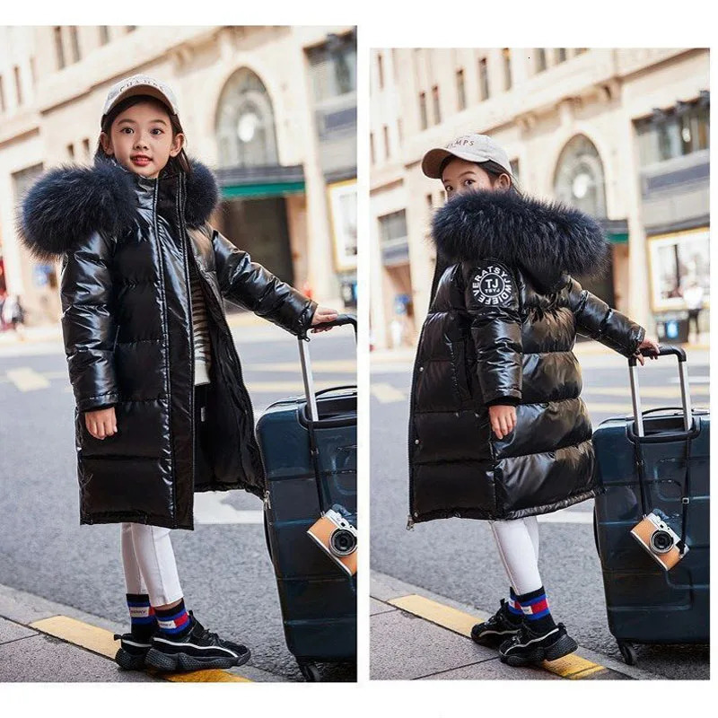 30 Teen Girls Jacket Winter Long Solid Color Glossy Waterproof Thick Warm Hooded Parkas For 514Y Kids Fur Collar Cotton Coat 251017
