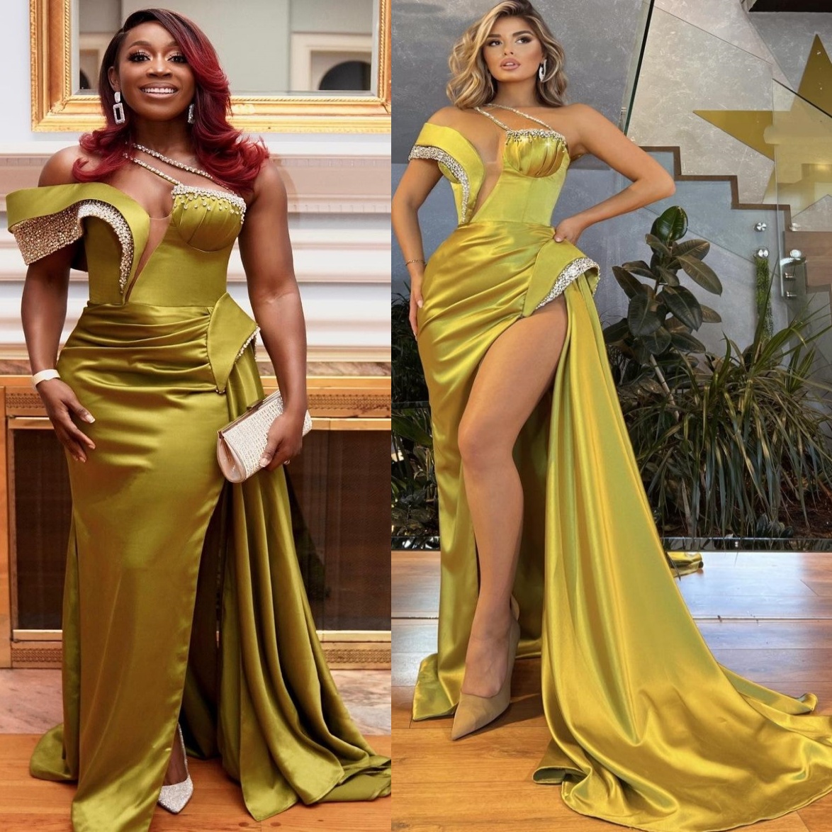 Aso Ebi Straight Gold Prom Dresses 2025 One Shoulder Crystals Satin Evening Formal Party Second Birthday Engagement Gowns Plus Size Dress For Special 