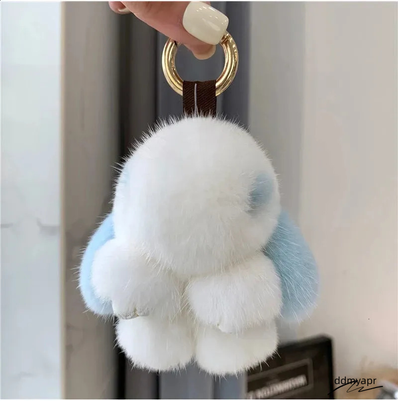 Cute Long Ear Bunny Keychain Real Mink Fur Rabbit Doll Pendant Toys Keyring Handbag Charm Ornament Pompom Plush Jewelry ddmyApr Gifts Y240829