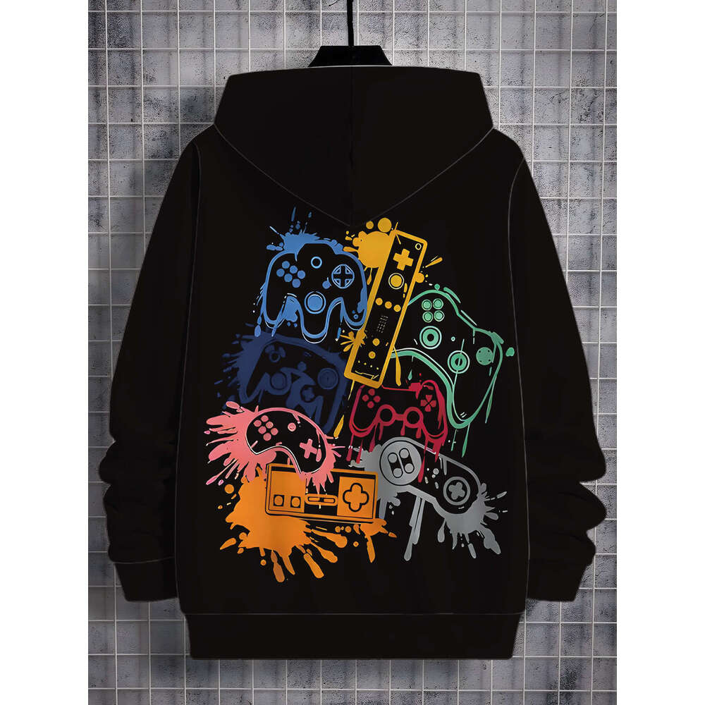 Men's Gaming Graphic - Retro Controller Design Sweatshirt In Black With Neon Splatter, Hine Washable Pullover Hoodie For Gamers, Casual Winter &