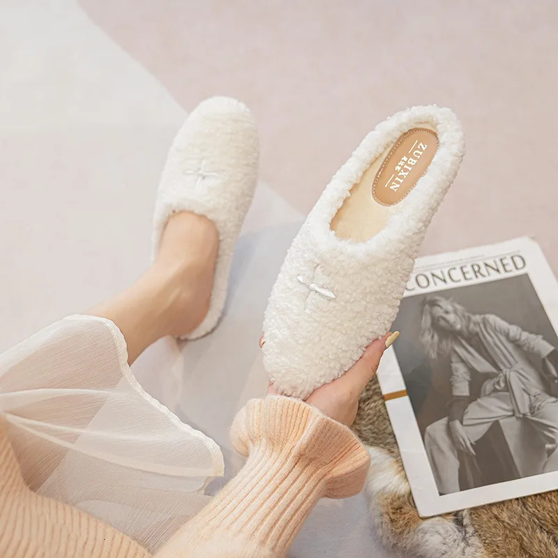 Big Size 4243 Women Lambswool Slippers Embroider Shoes Winter White Fur Slides Pantufla Loafers Femme Plush Cotton Woolen Mules 251013