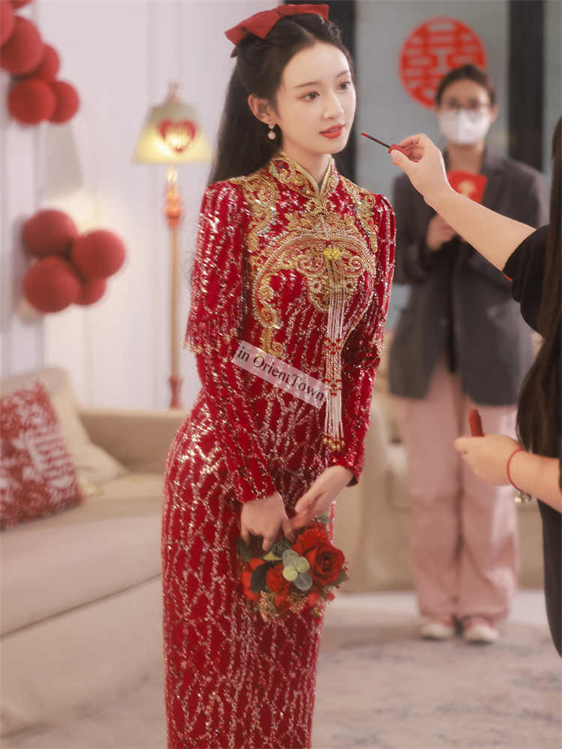 in OrientTown Wine Red Long Sleeve Bridal Gown Stand Collar Embroidery Cheongsam Brides Wedding Elegant Evening Dress in041