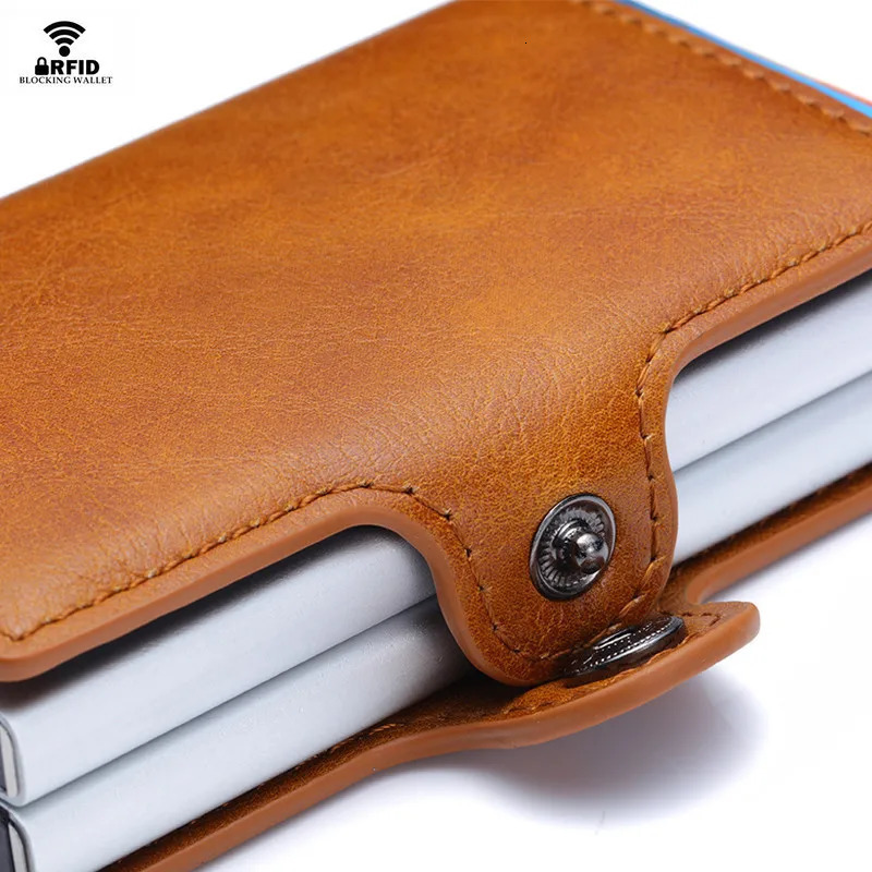 VM FASHION KISS Carbon Fiber High Quality Wallet Pu Leather RFID Security Double Aluminum Box Credit Card Holder Men Metal Purse 251013