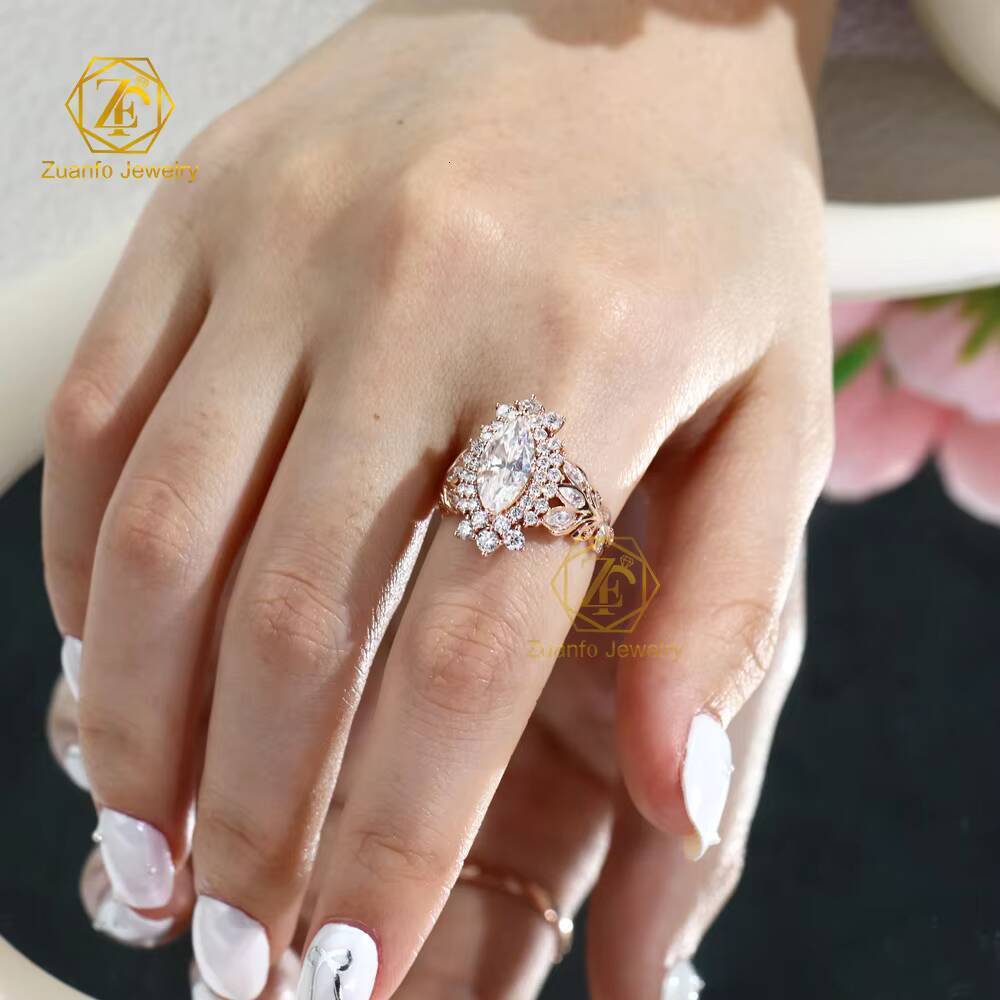 Custom Luxury 10K Solid Rose Gold 6x12mm 2CT Marquise Cut D VVS1 Color Moissanite Diamond Engagement Ring for Women