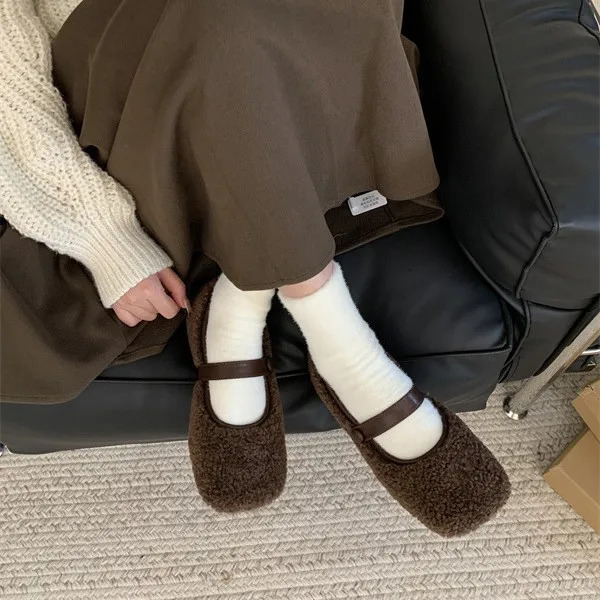 Comfortable Square Toe Wool Ballet Flats Women Warm Teddy Fur Mary Jane Shoes Women Elegant Fluffy Plush Loafers 251013