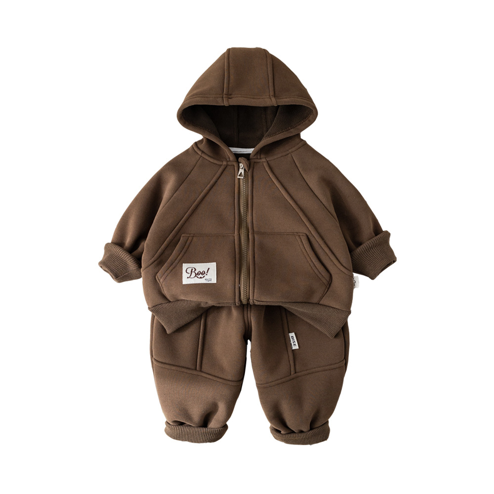Boys' Plush Set 2025 Stylish New Children's Winter Boys' Baby Autumn Winter Solid Color Zipper Two Piece Set Trendy Free Shipping