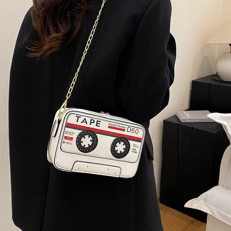 New casual bag for women, designer crossbody bag, cute mini retro recorder, stereo single shoulder phone backpack, color blocked