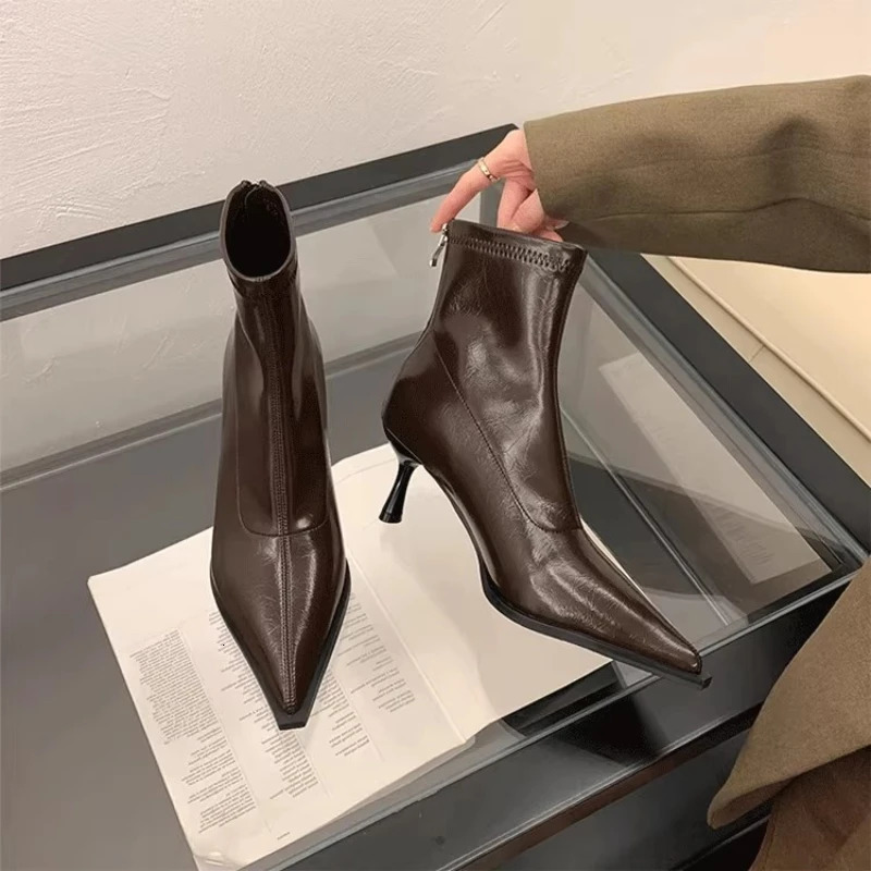 2025 Womens Ankle Boots Sexy Pointed Toe Woman Short Boots Fashion Causal Ladies Thin High Heel Boots Solid Color Stiletto 251017