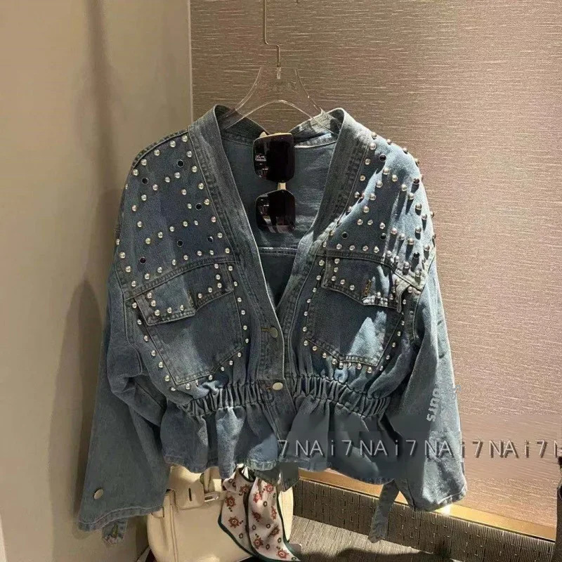 Denim Jacket Womens Spring Autumn Style Heavy Embroidery Studs Beadings Loose Fit Cropped Stylish Long Sleeve Top 251009
