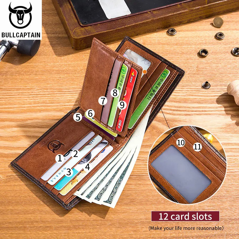 BULLCAPTAIN RFID Blocking Mens Leather Wallet Bifold Slim Wallet Multicard Card Holder ID Wallet QB 05 251013