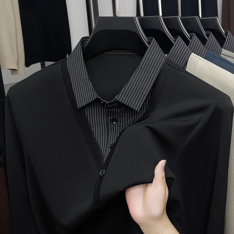 Two Knitted Sweaters for Men 2025 Business Casual Long Sleeve Tshirt Striped Shirt Collar Sweater AutumnWinter 251015
