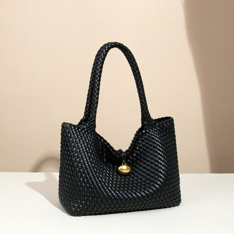 New Women's Large Capacity Handwoven Laptop Gold-Plated Soft Leather Horizontal Square Shoulder Tote Bag