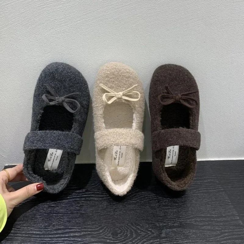 Elegant Plush Loafers Womens Shearling Ballet Flats Strap Warm Rabbit Fur Lined Crystal Buckle Mary Jane Flat Shoes 251013