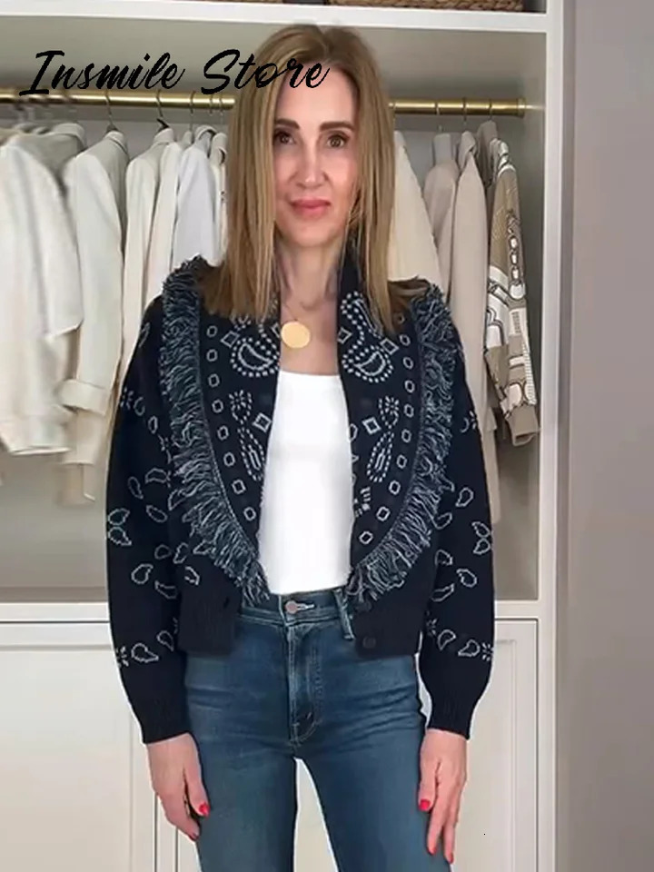 Casual Printed Spliced Tassel Knitted Cardigan Women Loose Vneck Long Sleeve Buttons Sweater Autumn Lady Chic Outwear 251015 - view 5