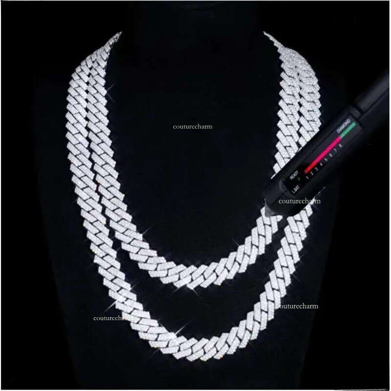 Classy Men's Sterling Sier Necklace with Exquisite 18mm Moissanite Stones - Contemporary 3 Rows Cuban Style