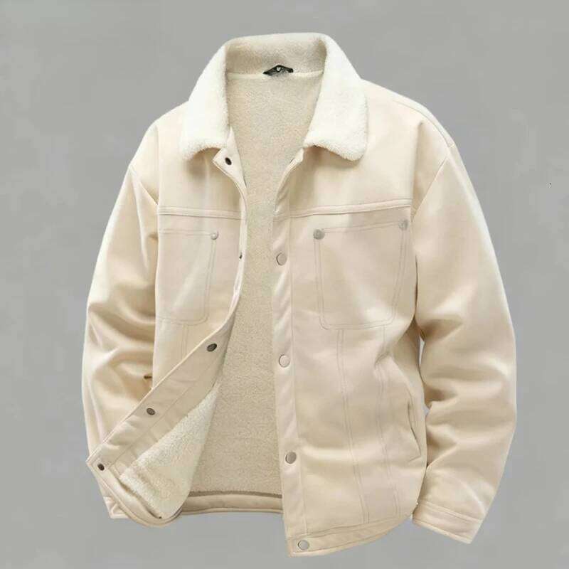 Splicing PU Cotton Men's Lapel Winter Warm, Thick, Comfortable, Fashionable, Loose And Versatile Lamb Wool Jacket