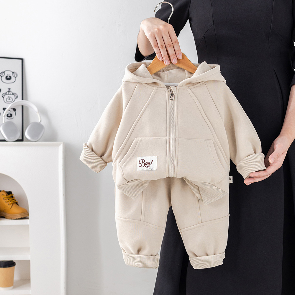 Boys' Plush Set 2025 Stylish New Children's Winter Boys' Baby Autumn Winter Solid Color Zipper Two Piece Set Trendy Free Shipping