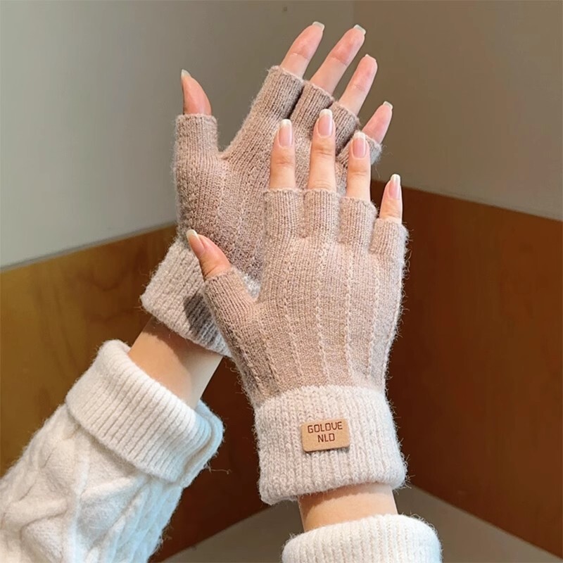 Winter Student Half-Finger Knitted Wool Fleece Touchscreen Writing Cycling Anti-Slip Fingerless Warm Gloves