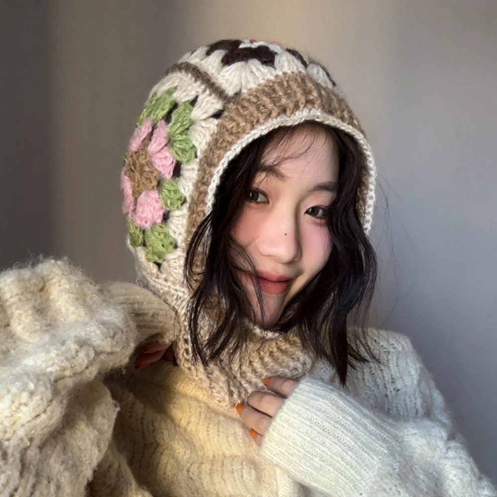 Handmade balaclava hat womens winter Korean version warm knitted yarn hat niche protective neck pullover hat 251014