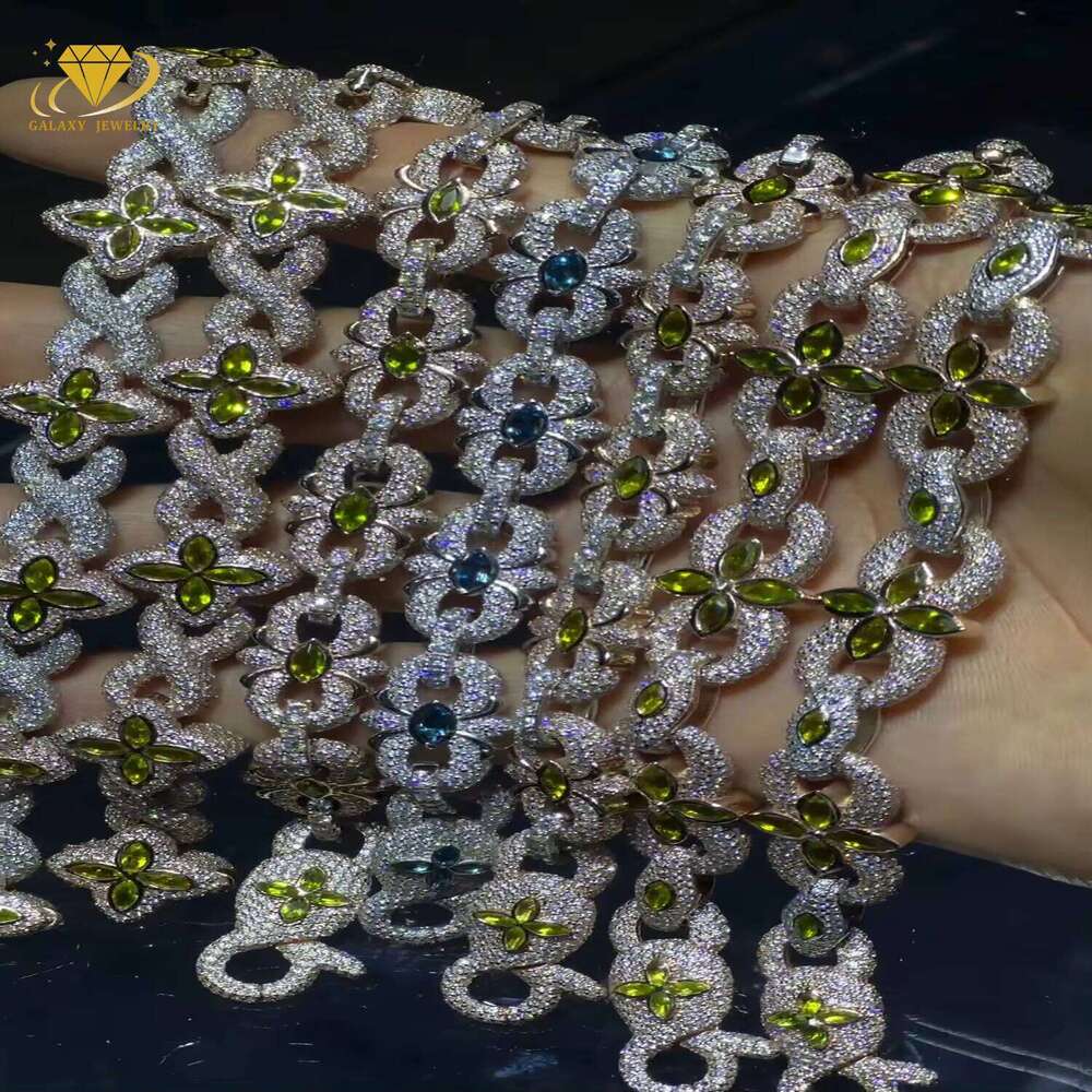 New Style Fancy Color Moissanite Cuban Chain Pure Sier Four-Leaf Clover Infinity Bracelet Men's Jewelry