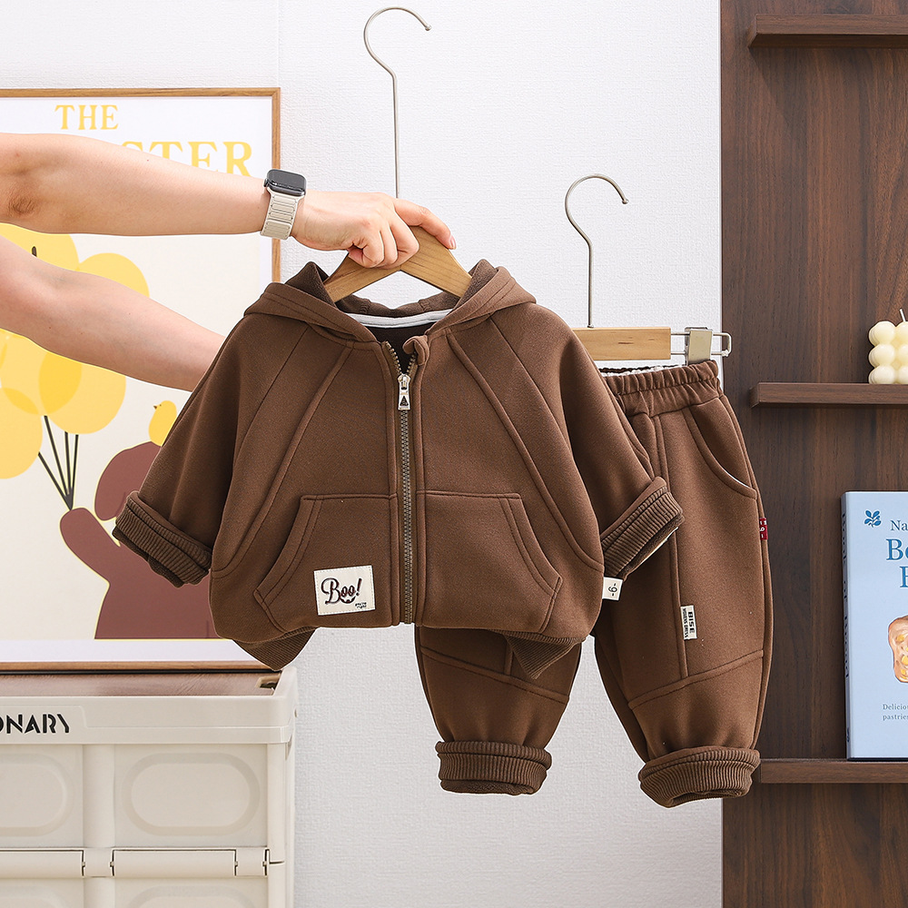 Boys' Plush Set 2025 Stylish New Children's Winter Boys' Baby Autumn Winter Solid Color Zipper Two Piece Set Trendy Free Shipping